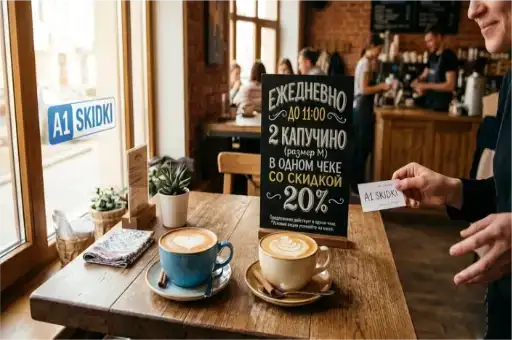 Капучино размера М (в одном чеке) со скидкой 20%
