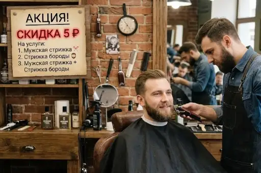 Скидка 5 р. на услуги: мужская стрижка; стрижка бороды; мужская стрижка + стрижка бороды.